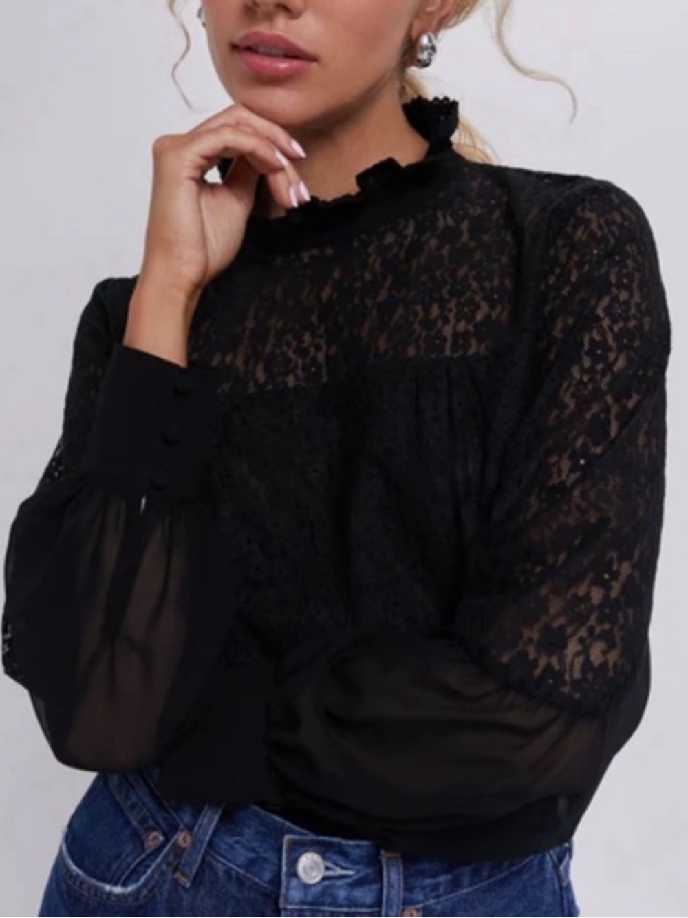 Tuckernuck black lace romantic Rosalee ruffle collar blouse sz XL
